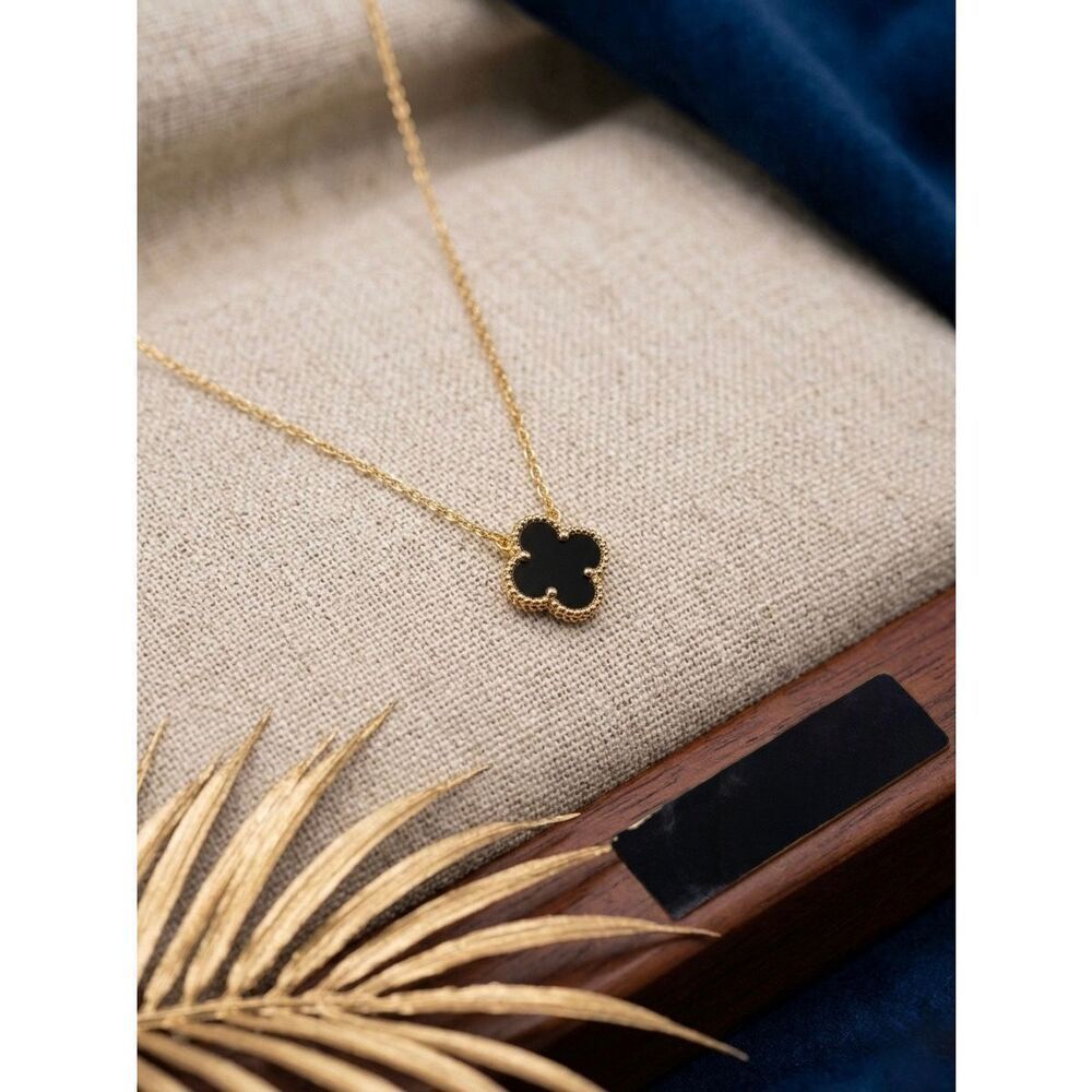 Gold Vermeil Black Onyx Clover Adjustable Necklace Elegant Four Leaf Dainty